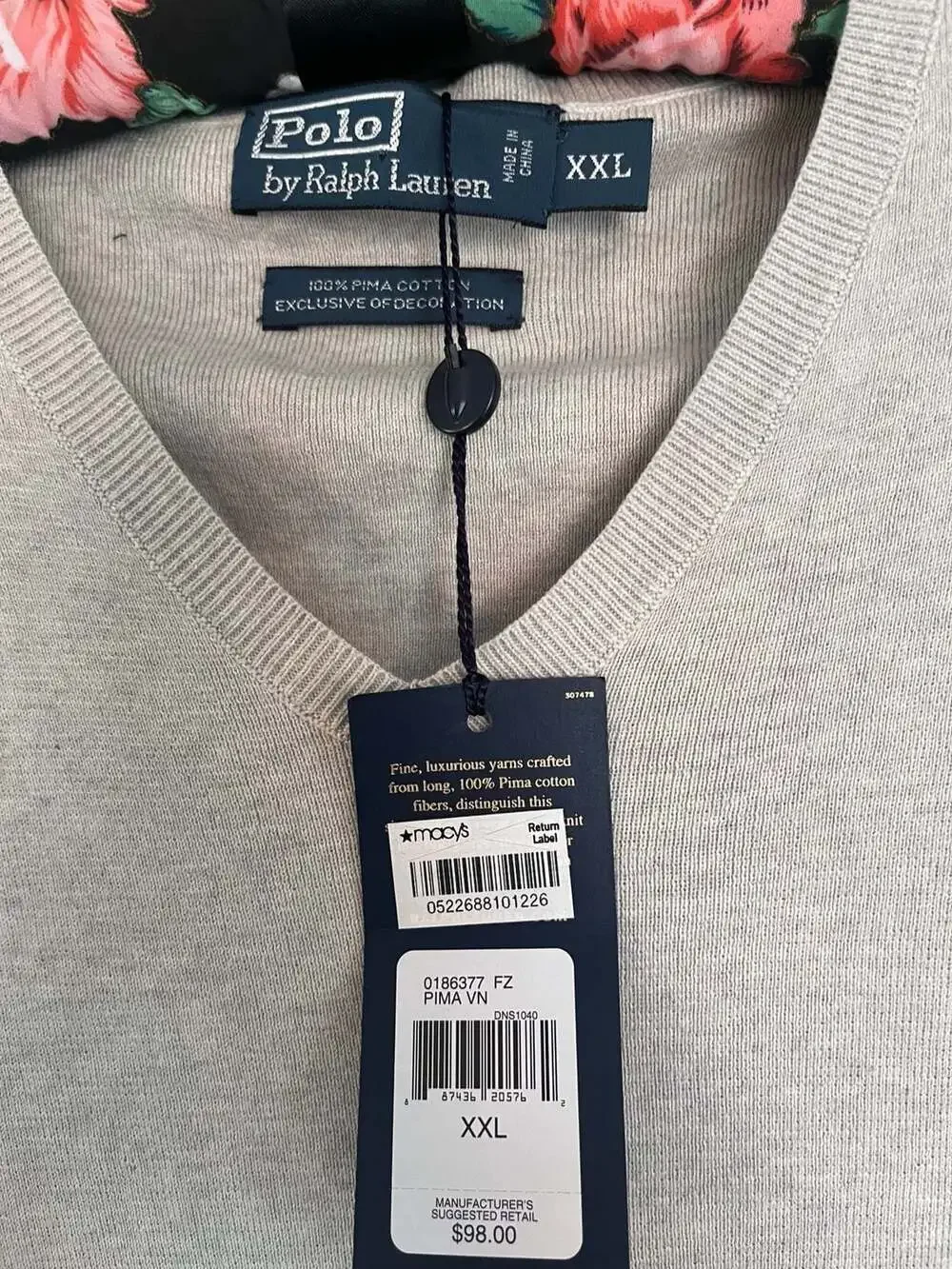 Polo Ralph Lauren XXL Pima Cotton V-Neck Sweater in Oatmeal Heather - Picture 3 of 4